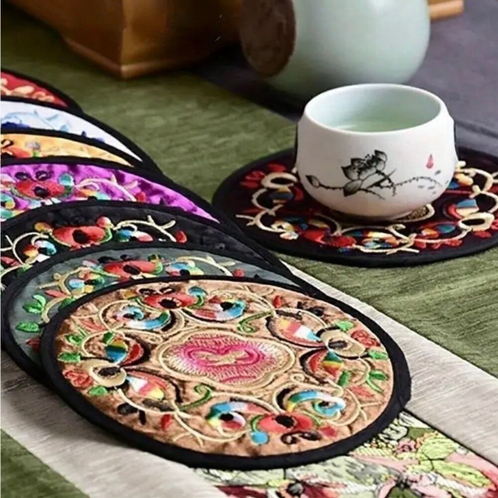 4pc Set Embroidered Cloth Table Mats  Durable Protective Coasters Assorted